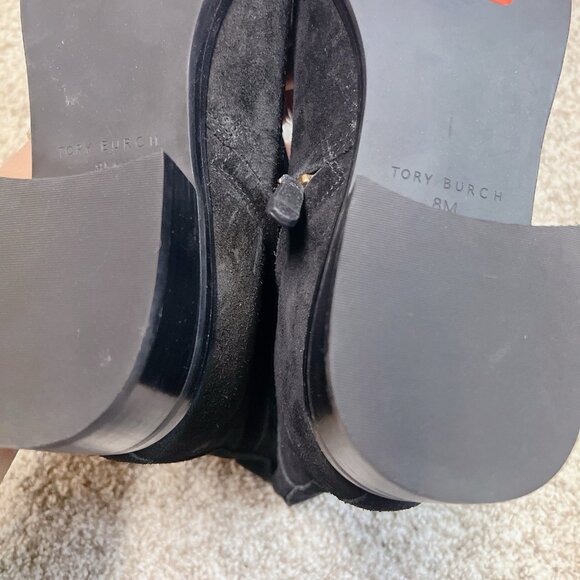 TORY BURCH Everly Ankle Boots Gold Logo Black Suede Side Zip US 8 $438 - Picture 11 of 12